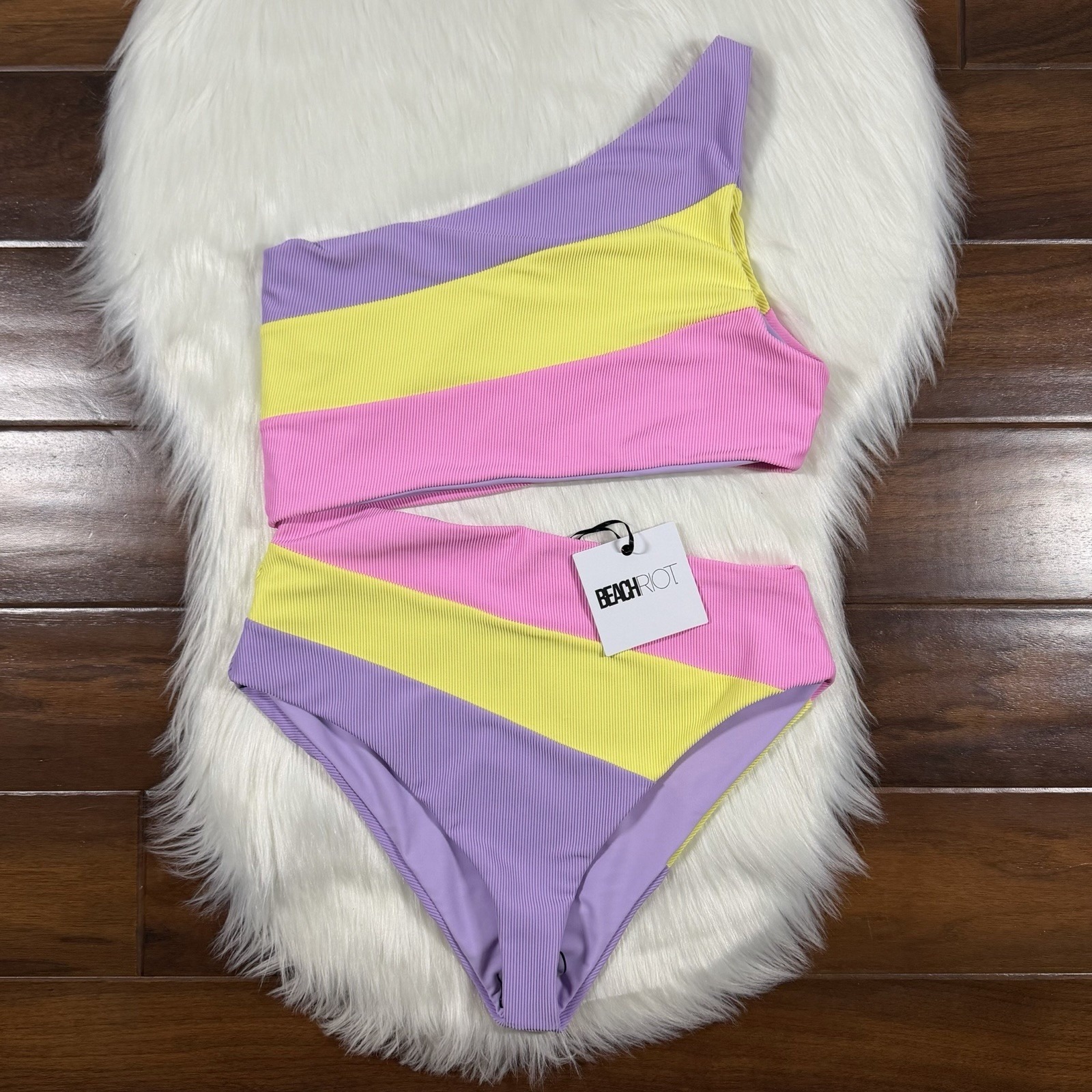 Beach Riot Womens Size Large Pink Yellow Purple Joyce Cut Out One Piece Swimsuit